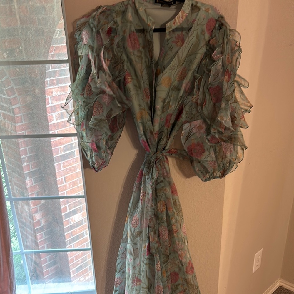 Pankaj & Nidhi Anthropologie Floral Ruffle Sleeve Dress - Green and Pink